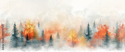 Watercolor Forest in Autumn Mist