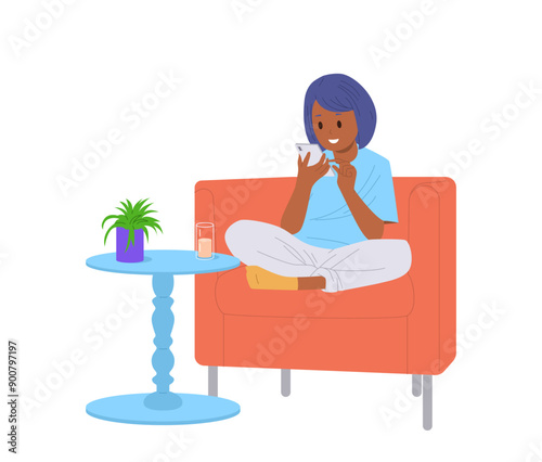 Excited lazy girl child character chatting social media network via smartphone sitting on armchair