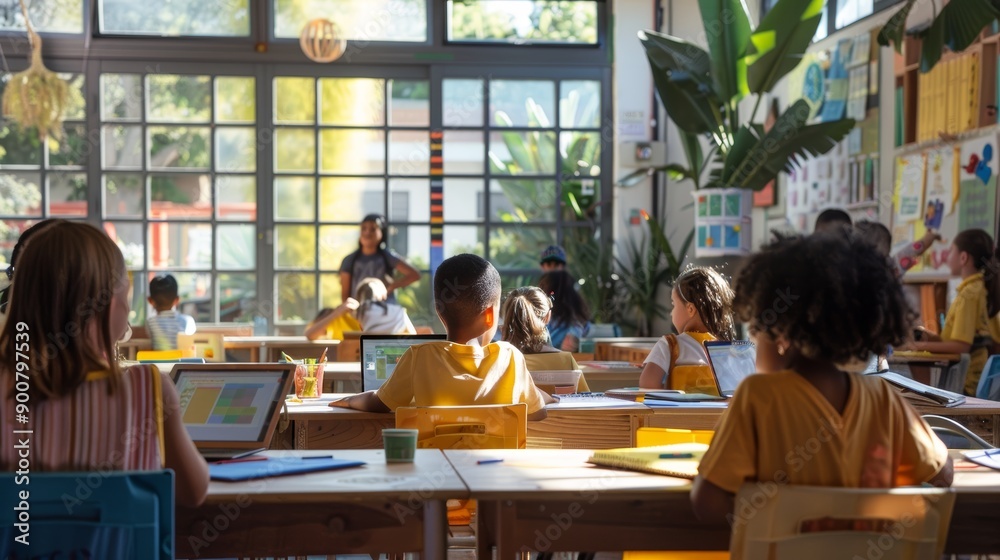 Obraz premium Inclusive Classroom Environment with Diverse Students and Supportive Teacher in Adaptive Educational Setting