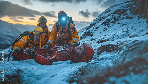 Mountain rescue service - paramedics with orange jackets helping injured person in snow covered mountain terrain. Generative AI