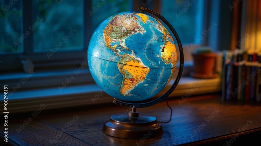 Illuminated World Globe on Desk by Window Illuminated World Globe on Desk by Window