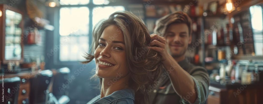 Hairdresser styling a client s hair in a salon Hairdresser styling a client s hair in a salon