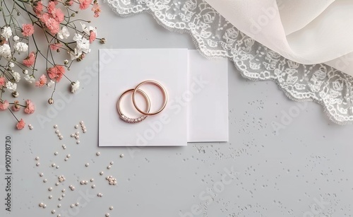 Wedding Invitation With Rings and Flowers