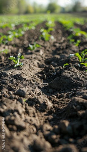 Finely Tilled Soil Surface in a Field with Erosion Control Measures and Healthy Plant Growth
