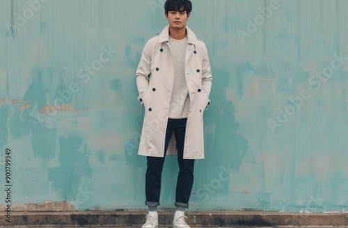 Man in White Trench Coat Against Teal Wall