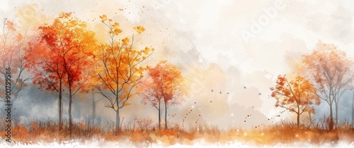 Autumn Trees in Foggy Forest