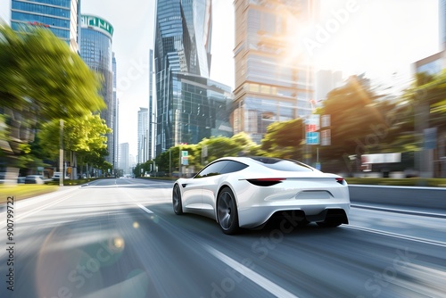 Electric car moving through city highway. Autonomous driving concept. Modern transportation and innovation. Banner, poster, advertisement. Sustainable and eco-friendly transport 