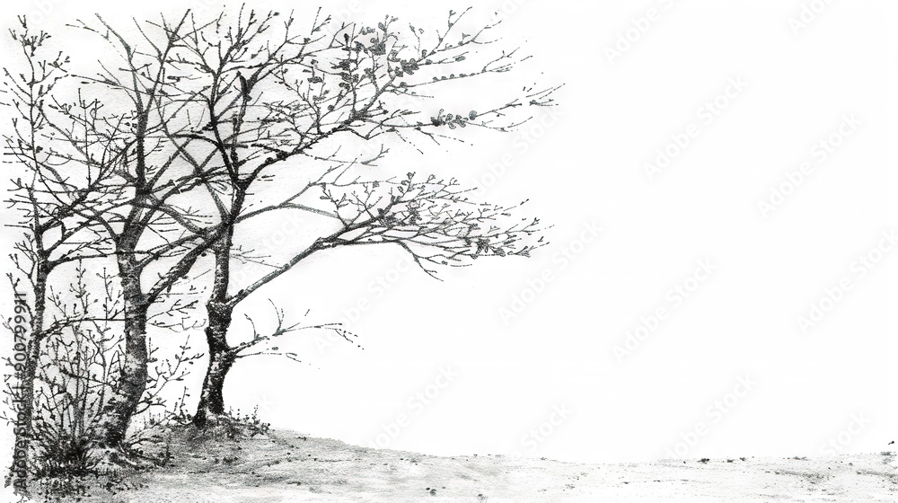 Fototapeta premium A monochrome image of a tree on top of a hill amidst snow-covered terrain and a cloudless white sky