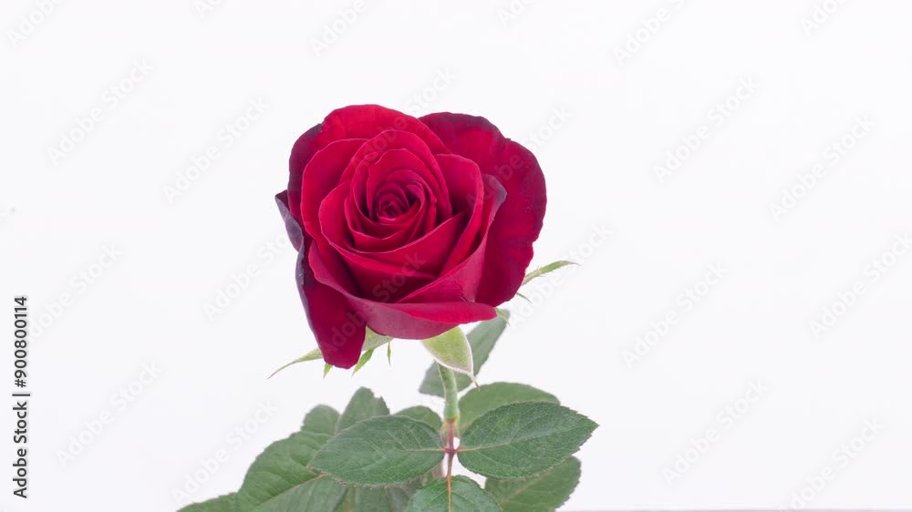 Beautiful red rose opening on white background, close-up. Wedding, Valentines Day, Mothers Day concept. Holiday, love, birthday design backdrop . Time lapse. 4K