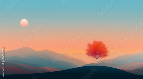 Person Standing Under Red Tree at Sunset