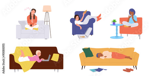 Lazy children sleeping, browsing internet, chatting social media network, listening to music set