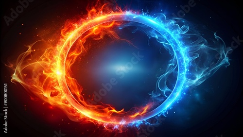 Red and blue neon glow ring with fire flame, particles and smoke on black background. Realistic 3d vector illustration of vs concept abstract frame with hot and cold burn. Fantasy fiery circle. © Matan
