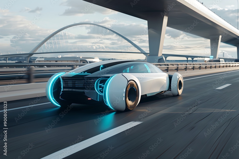 Futuristic electric car moving through city highway. Autonomous driving concept. Modern transportation and innovation. Banner, poster, advertisement Futuristic electric car moving through city highway. Autonomous driving concept. Modern transportation and innovation. Banner, poster, advertisement