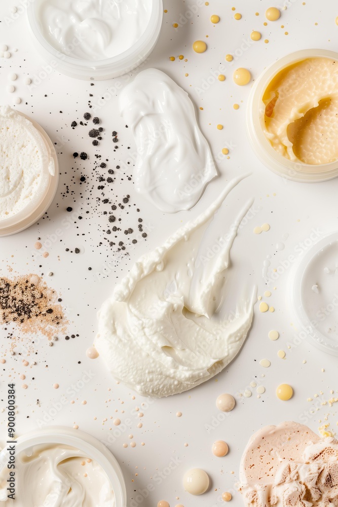 different skincare swatches including cream, gel, and foam on a white surface, showcasing various product consistencies