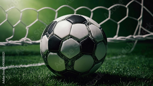 Banner of a minimalist, high-definition quality soccer ball resting in the net, set against a vibrant green background, capturing the essence of the game in a clean and striking visual style