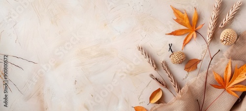 Autumn Leaves and Wheat on White Background