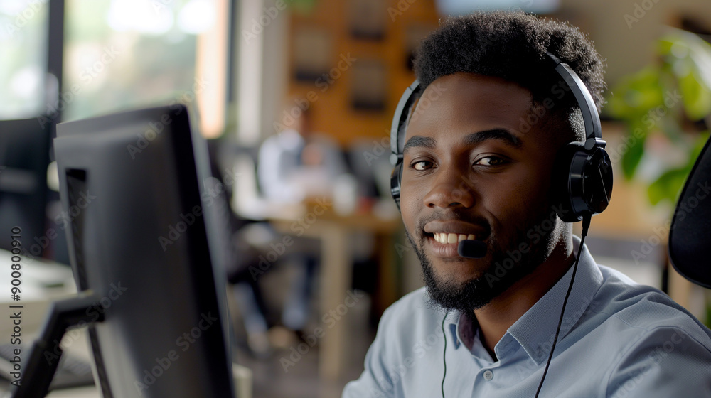 Young Man Working at a Call Center During Business Hours With a Friendly Smile