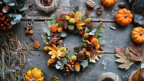 Autumn crafting decorations from natural materials. Weaving an autumn wreath for decoration from pine cones and various leaves. photo