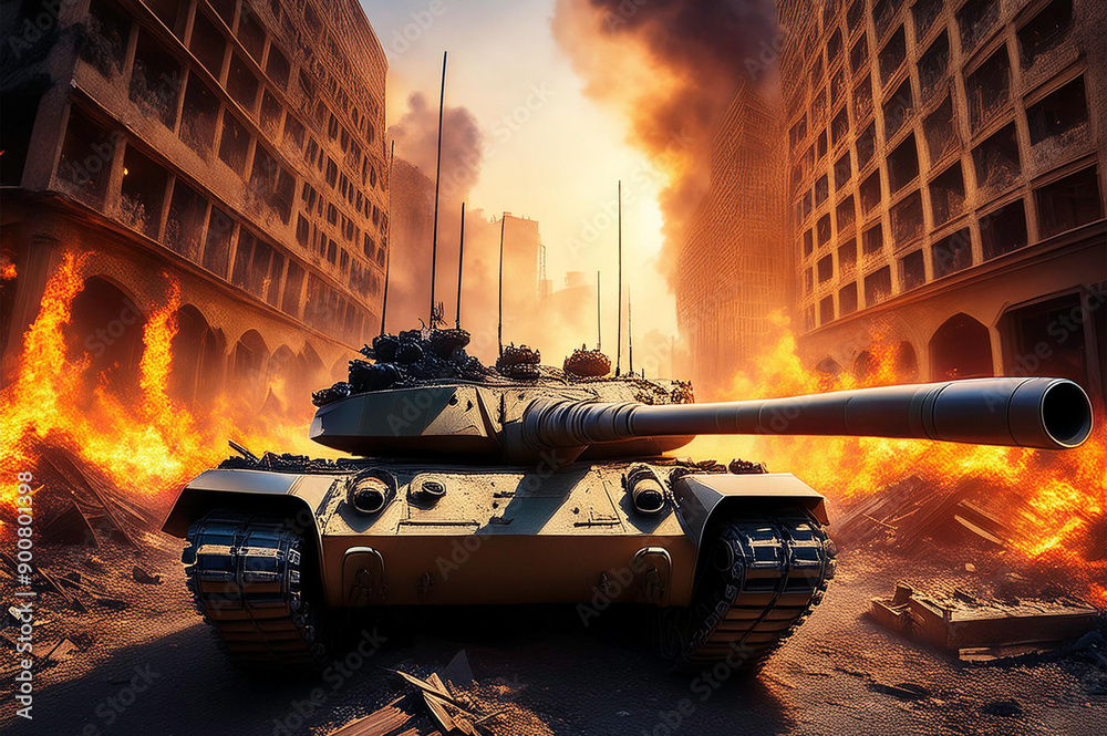 Ein Panzer in einer zerstörten Stadt