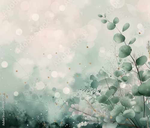 Watercolor Painting of Green Foliage With Gold Sparkle