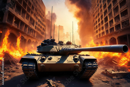 Obraz na płótnie Ein Panzer in einer zerstörten Stadt w salonie