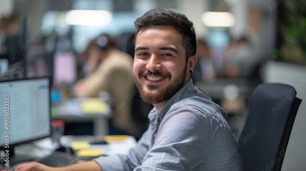 Young Man With Beard Smiling at His Desk in Modern Office Environment Young Man With Beard Smiling at His Desk in Modern Office Environment