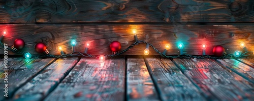 Colorful Christmas lights and red ornaments on wooden background, festive holiday decor © Georgii