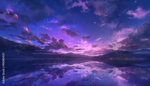 purple sky and clouds reflected in water