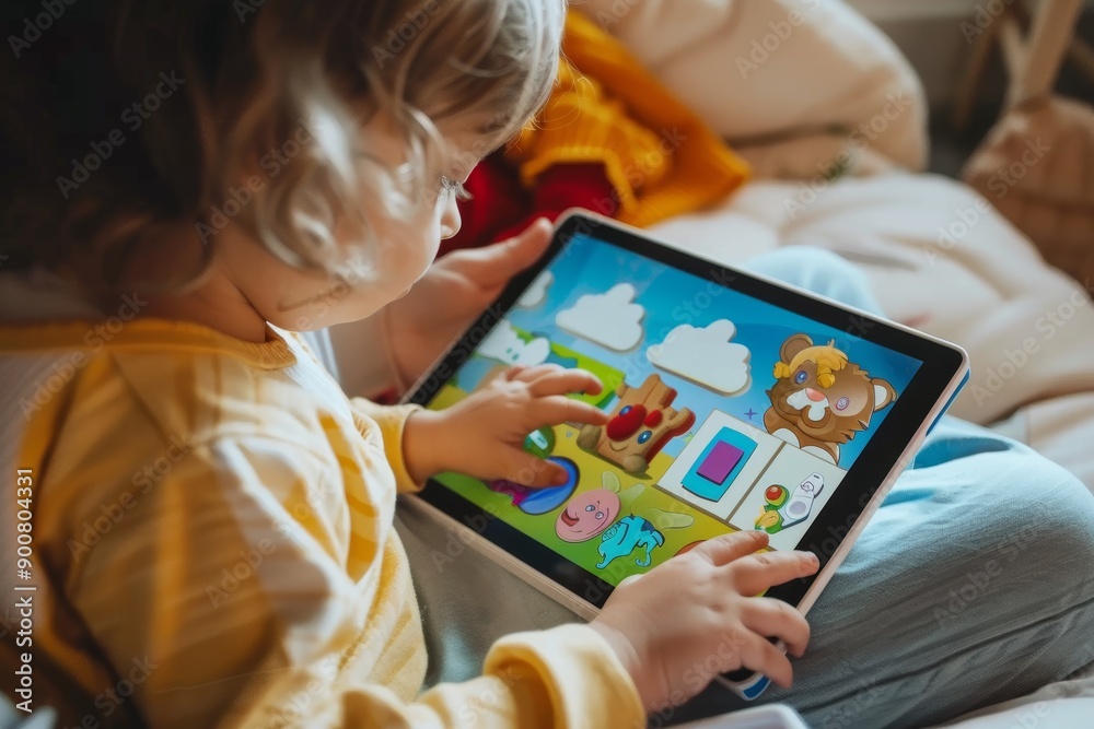 Child Engaged in Interactive Learning on Tablet - Fun and Educational Home Activity Child Engaged in Interactive Learning on Tablet - Fun and Educational Home Activity