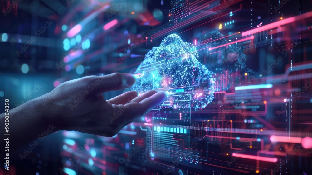 Hand Interacting with a Digital Cloud on a Futuristic Display Hand Interacting with a Digital Cloud on a Futuristic Display