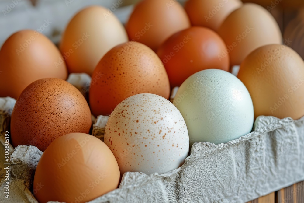 Closeup of various colored eggs in a paper carton, showcasing diversity and natural patterns Closeup of various colored eggs in a paper carton, showcasing diversity and natural patterns