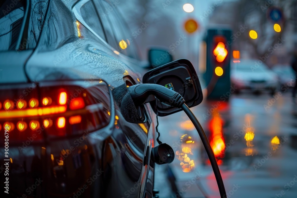 Modern electric car being charged at a city station during a rainy twilight