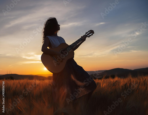 Firefly Music Festival- A silhouette of a musician with an acoustic guitar at sunset in a field, emb (1) photo