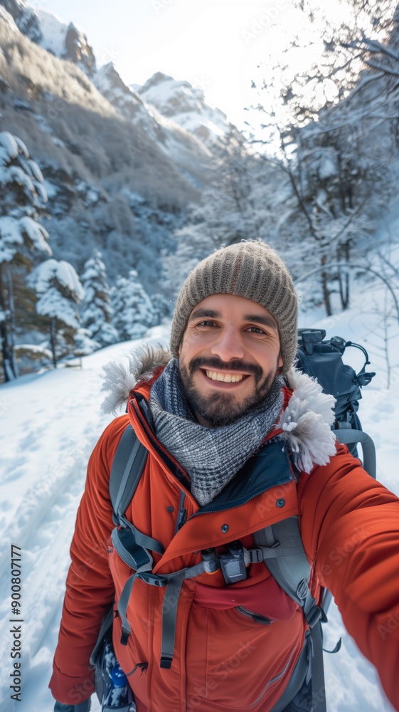 A Winter Wonderland Selfie: Smiling Man in Snowy Mountains A Winter Wonderland Selfie: Smiling Man in Snowy Mountains