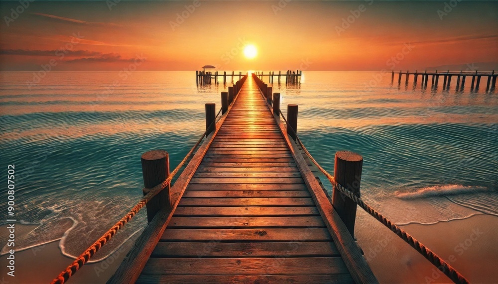 Obraz premium Wooden pier at sunset over calm ocean with warm, golden light
