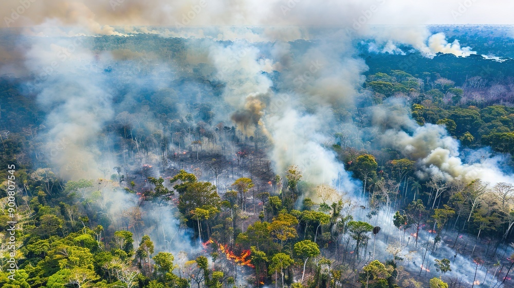 Fototapeta premium Aerial View of Smoke Rising From Burning Rainforest Canopy
