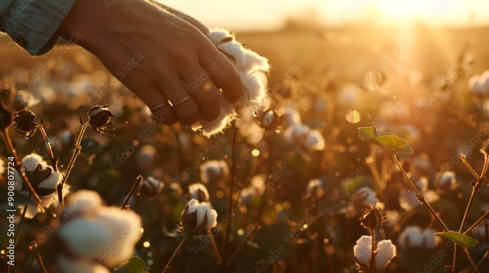 Hand Picking Cotton in a Field during Sunset. Concept of Agriculture, Harvesting, Cotton Plant, Rural Life Hand Picking Cotton in a Field during Sunset. Concept of Agriculture, Harvesting, Cotton Plant, Rural Life
