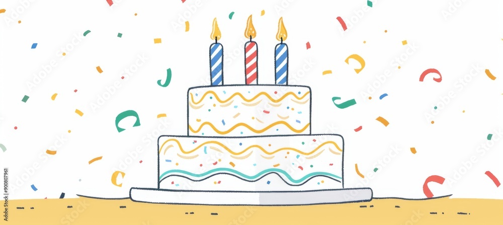 Colorful Cartoon Drawing of an Elegant Three-Tiered Birthday Cake with Candles and Confetti Colorful Cartoon Drawing of an Elegant Three-Tiered Birthday Cake with Candles and Confetti
