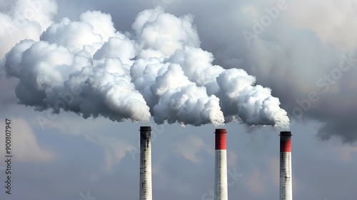 Three Industrial Chimneys Emit Plumes of Smoke Against a Cloudy Sky