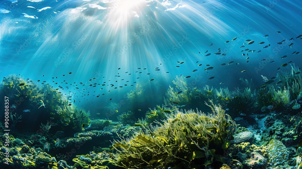Fototapeta premium Sunbeams Illuminate Underwater Coral Reef With Fish Swimming