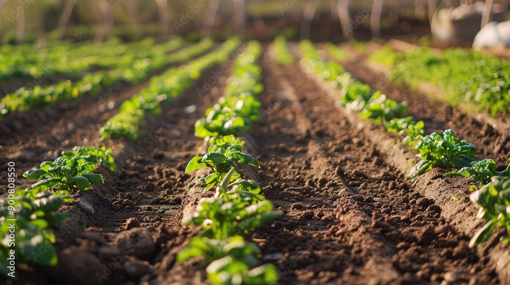 Rows of Green Crops Growing in a Farm Field at Sunset