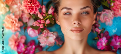 RF Lifting Face Rejuvenation Portrait with Fresh Flowers, Ideal for Beauty and Spa Promotions © spyrakot