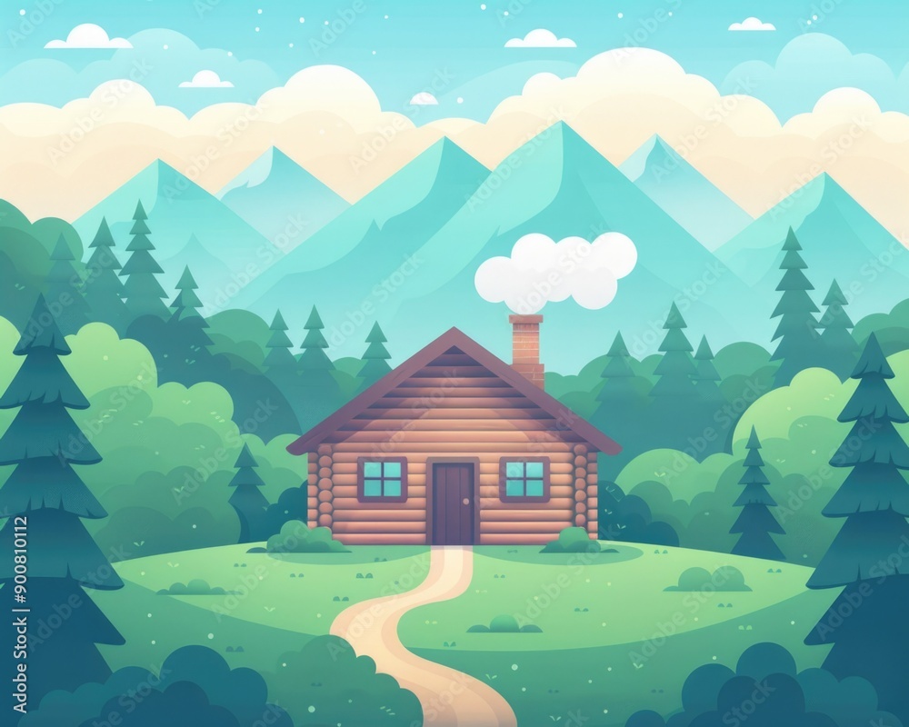 Cozy Cabin in Woods with Chimney Smoke Against Lofi Landscape Background Cozy Cabin in Woods with Chimney Smoke Against Lofi Landscape Background