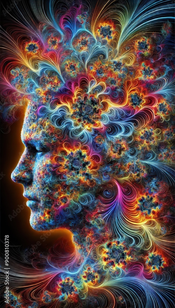 Psychedelic Abstract Digital Art of a Human Profile Infused with Colorful, Intricate Swirls and Fractal Designs Psychedelic Abstract Digital Art of a Human Profile Infused with Colorful, Intricate Swirls and Fractal Designs
