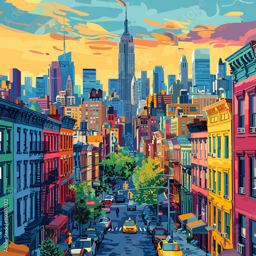 New York city street at sunset. Vector illustration in cartoon style
