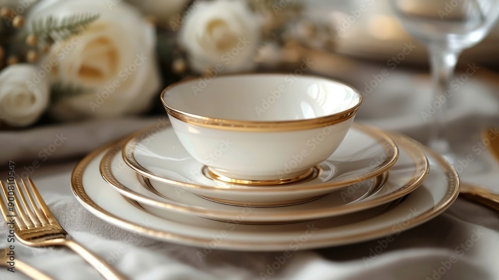Elegant dining table setting with white and gold plates Elegant dining table setting with white and gold plates