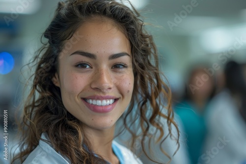 Smiling, friendly female doctor or nurse with a diverse team in background at a hospital.