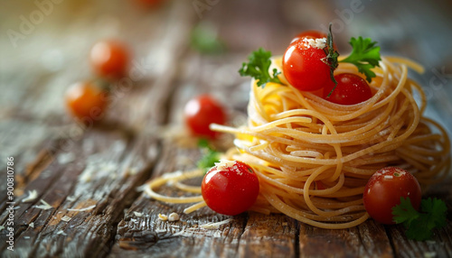 Dry Italian pasta Barbine in nests with cherry photo