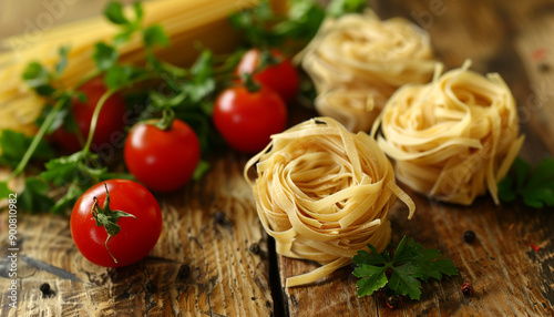 Dry Italian pasta Barbine in nests with cherry photo