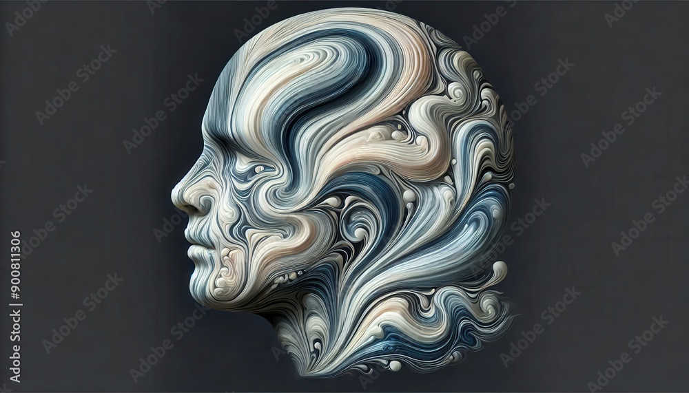 Surrealistic Human Head Side Profile with Flowing Abstract Patterns in Blue and Grey Tones Against Dark Background Surrealistic Human Head Side Profile with Flowing Abstract Patterns in Blue and Grey Tones Against Dark Background